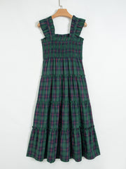 Green Plaid Ruffle Sleeveless Shirred Bodice Tiered Midi Dress - Miniatuur
