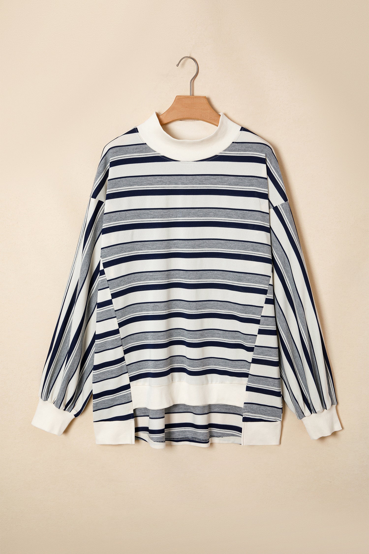 Blue Stripe Striped Ribbed Stand Neck Long Sleeve Shift Silhouette Sweatshirt - Damesmode Afbeelding 3