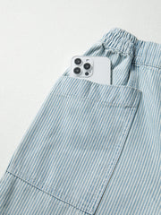 Sky Blue Stripe Mid Rise Drawstring Waist Jeans - Miniatuur