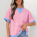 Pink Stripe Contrast Trim Loose Short Sleeve Top - Foto 1