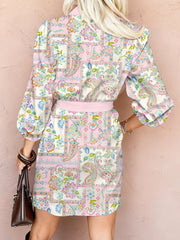 Pink Boho Floral Print Color Block Trim Half Button Belted Mini Dress - Miniatuur