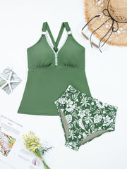 Vierblatt-Kleeblatt-O-Ring-Knoten-Rückenriemen Ricrac Trim V-Ausschnitt Tankini kontrastbedruckter Badeshorts 2-teilig-Set - Miniatuur