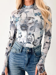 Top a maniche lunghe a maniche lunghe con scollo alto in rete floreale azzurro cielo - Miniatuur