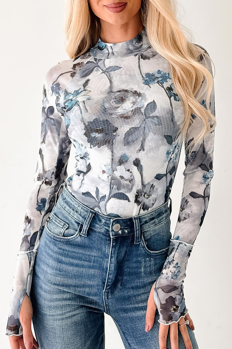 Himmelblo Blummennetz mat laanger Äerm, laang Äerm Top - Damesmode