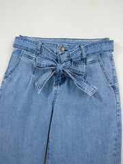 Beau Blue Western Washed Bow Knot Sash Wide Leg Jeans - Damesmode Afbeelding 5 - Miniatuur