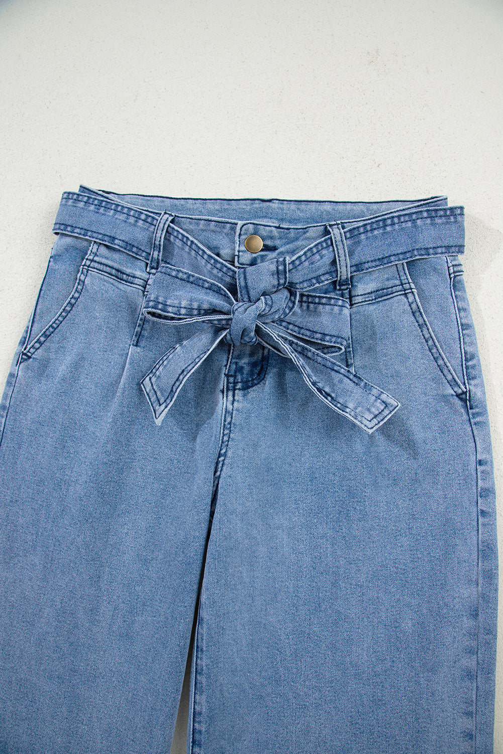 Beau Blue Western Washed Bow Knot Sash Wide Leg Jeans - Damesmode Afbeelding 5