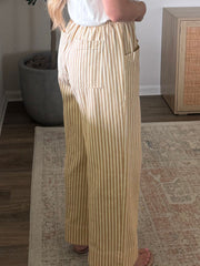 Apricot Stripe Ribbon Drawstring Waist Full-Length Shift Pant - Damesmode Afbeelding 3 - Miniatuur