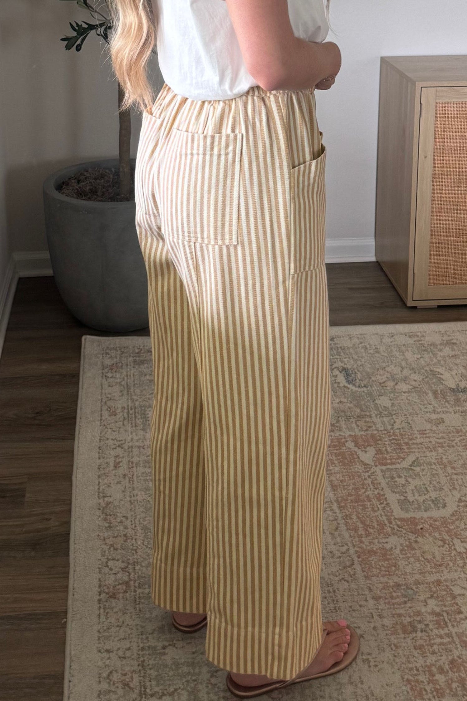 Apricot Stripe Ribbon Drawstring Waist Full-Length Shift Pant - Damesmode Afbeelding 3
