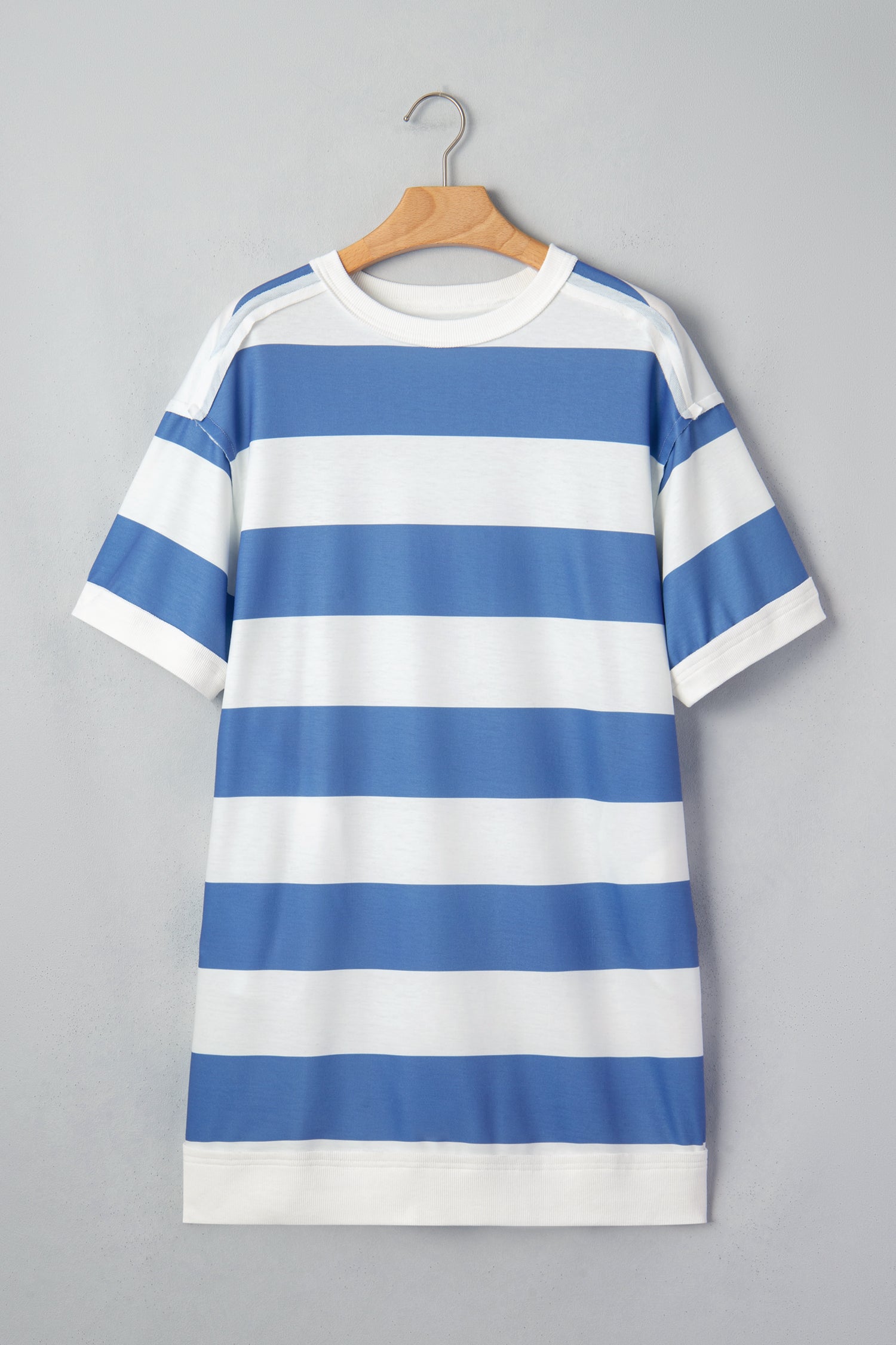 Blue Stripe Raw Seam Shoulder Detail Casual Tee Dress - Damesmode Afbeelding 3