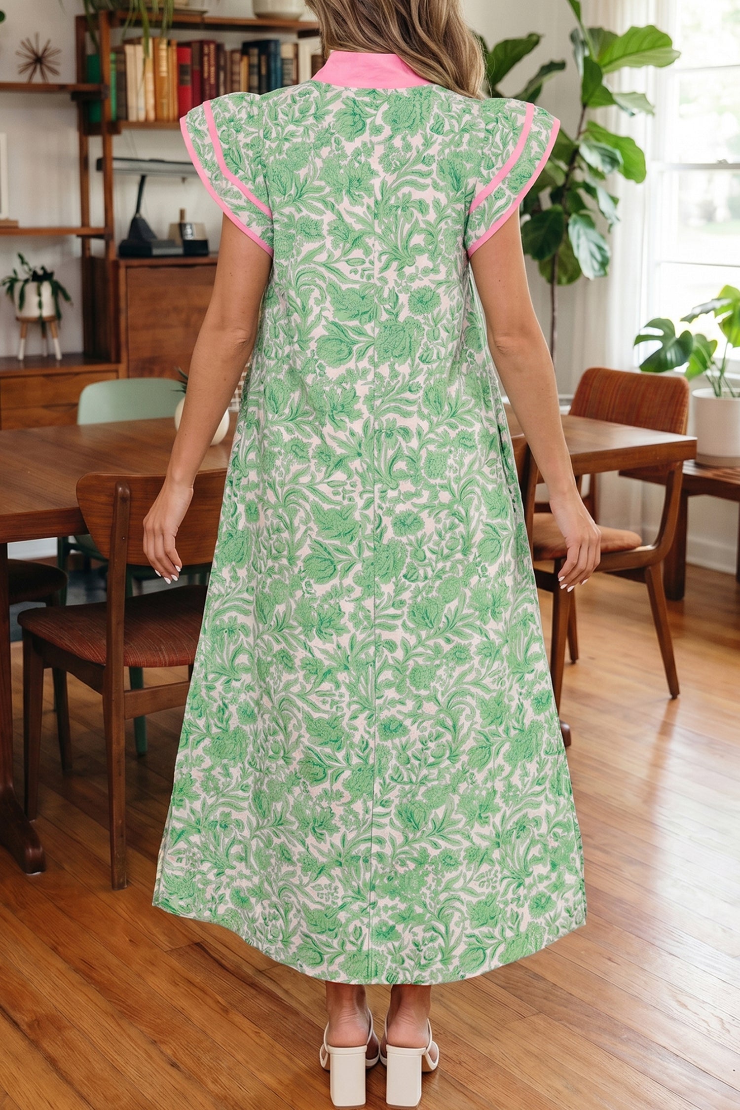 Pink Floral Print Color Block Patchwork V Neck Short Sleeve Midi Dress