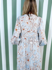 Brown Floral Print Tie Neck 3/4 Sleeve Mini Dress - Damesmode Afbeelding 4 - Miniatuur