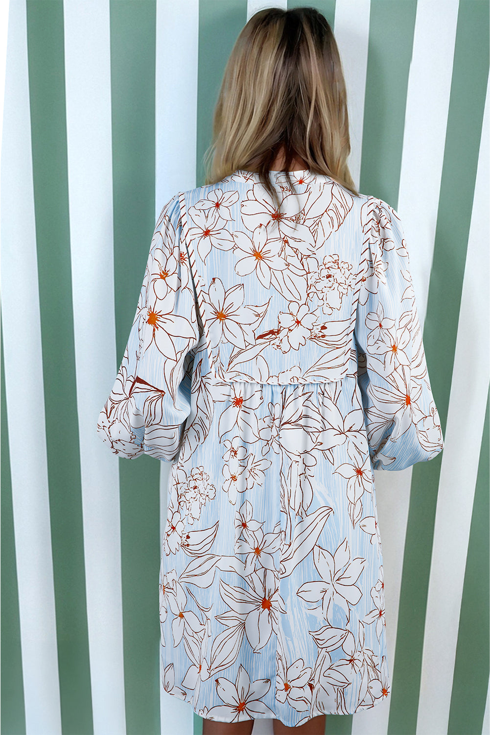 Brown Floral Print Tie Neck 3/4 Sleeve Mini Dress - Damesmode Afbeelding 4
