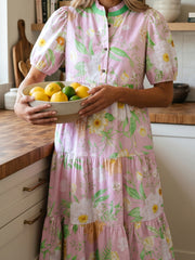 Pink Floral Print Short Puff Sleeve High Waist Tiered Maxi Dress - Miniatuur