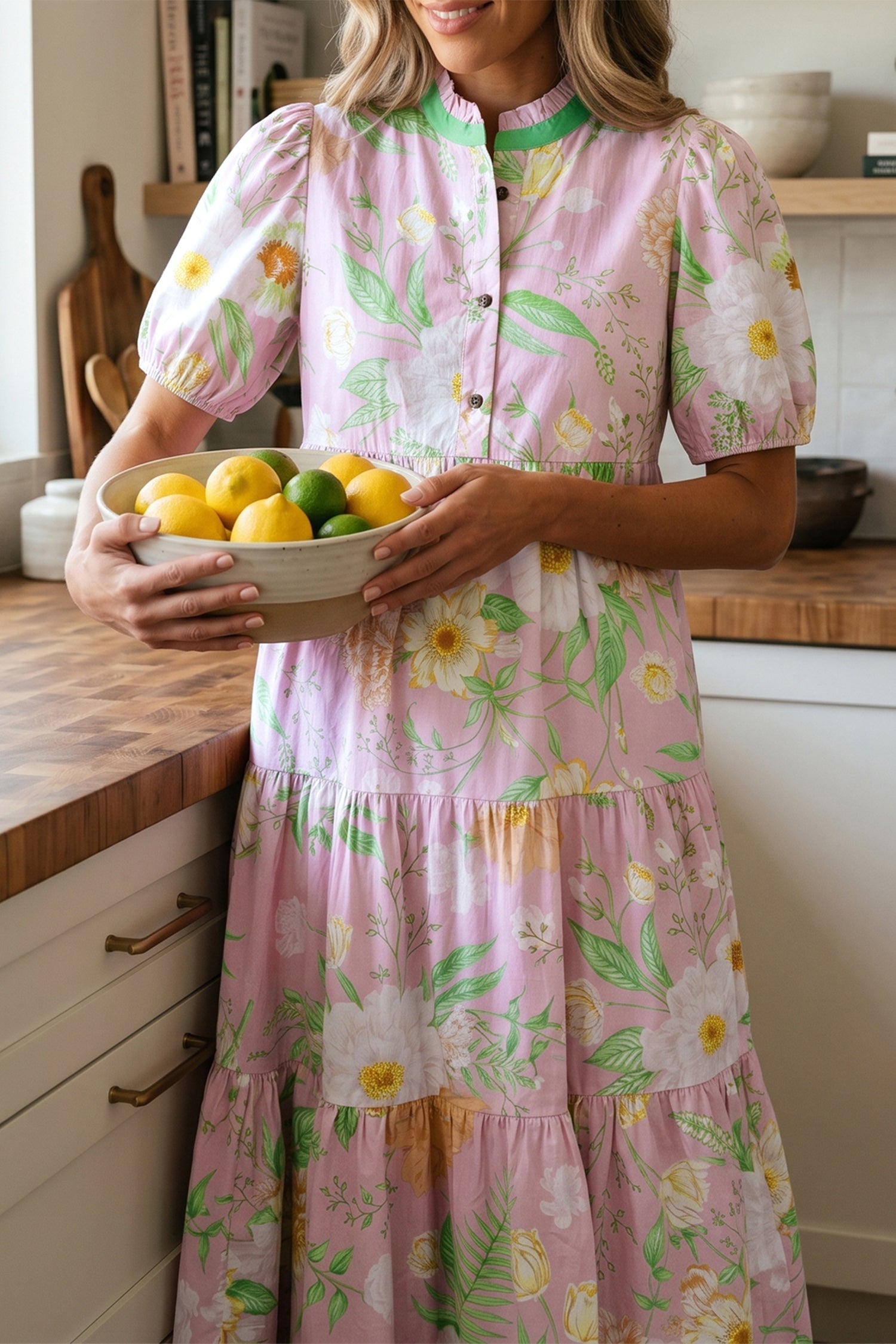 Pink Floral Print Short Puff Sleeve High Waist Tiered Maxi Dress