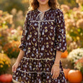 Brown Floral Print Shirred V Neck Shift Dress - Damesmode Afbeelding 3 - Foto 3