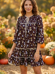 Robe marron à motifs floraux à encolure en V - Damesmode Afbeelding 3 - Miniatuur