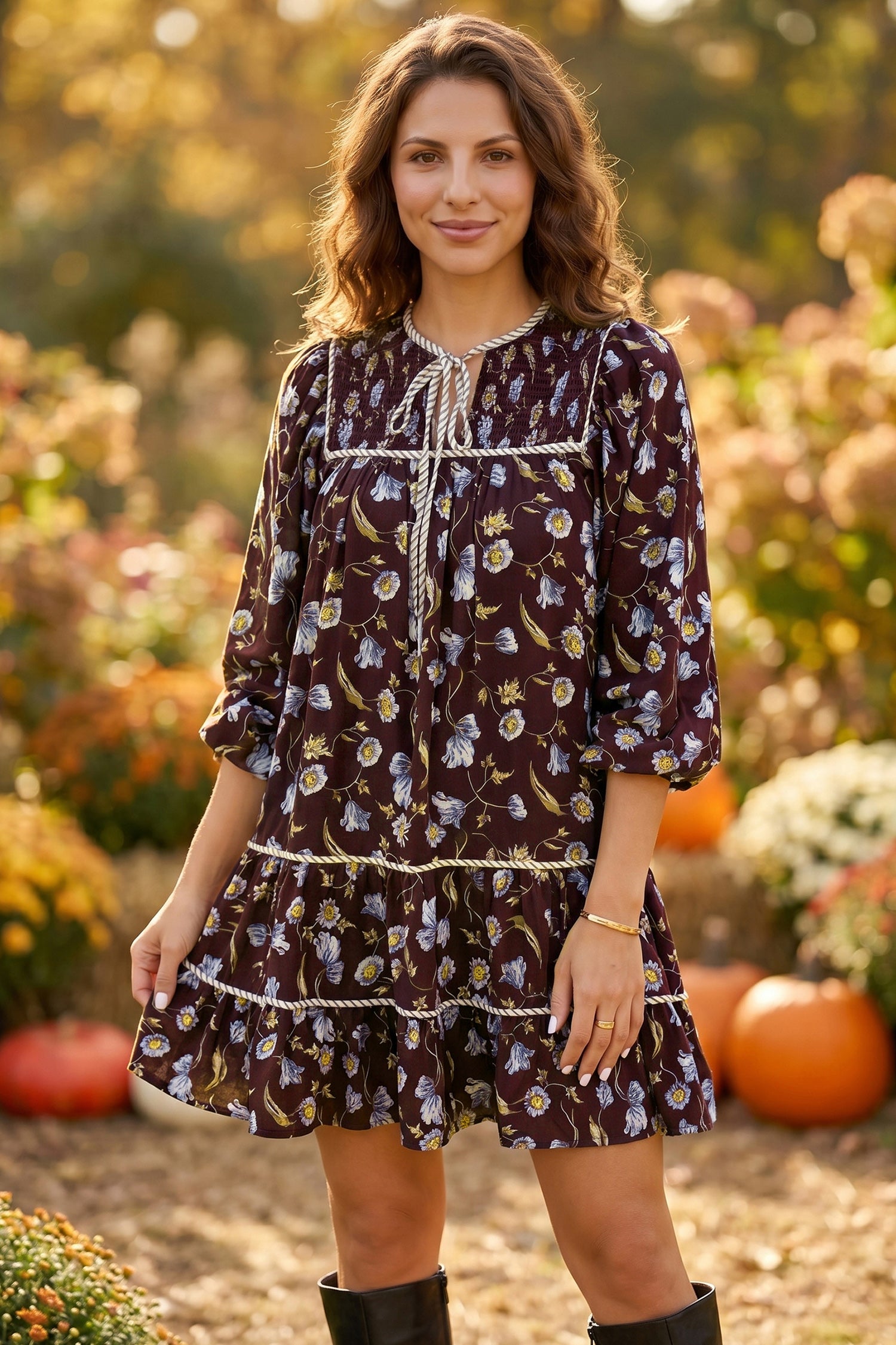 Brown Floral Print Shirred V Neck Shift Dress - Damesmode Afbeelding 3