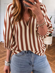 Brown Stripe V Neck Half Sleeve Casual Blouse - Miniatuur