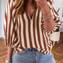 Brown Stripe V Neck Half Sleeve Casual Blouse