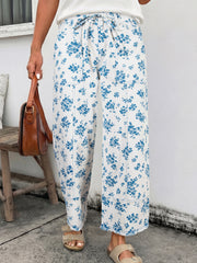 Jeans à motif floral bleu ciel, taille à cravate, jambe droite - Miniatuur