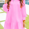 Rosa kontrastgestreiftes Kragen-Patchwork-Puffärmel-Rüschen-Minikleid - Foto 1