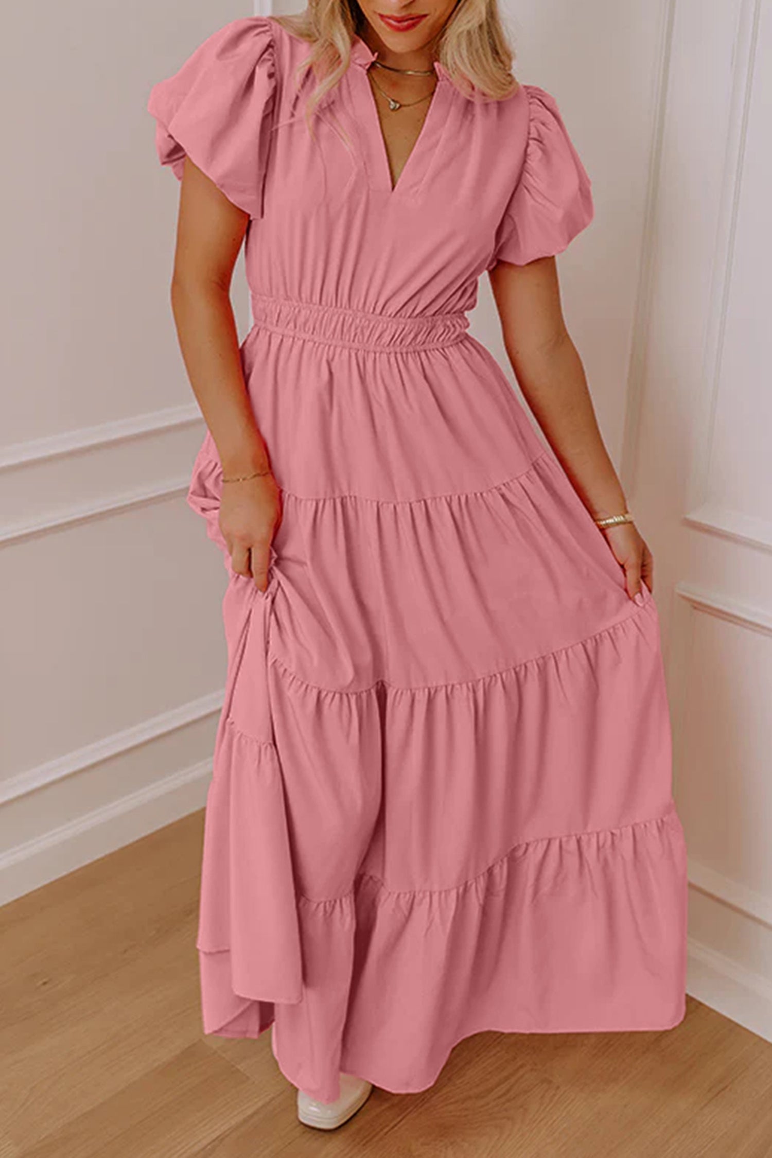 Bright Green Solid Color V Neck Short Puff Sleeve High Waist Tiered Maxi Dress - Damesmode Afbeelding 4