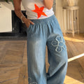 Beau Blue Frayed Floral Patch Wide Leg Raw Hem Wide Leg Jeans - Damesmode Afbeelding 5 - Foto 5