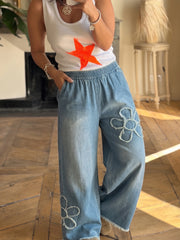 Jeans Beau Blue Floral Desfiado Patch Perna Larga Perna Crua Bainha Larga - Damesmode Afbeelding 5 - Miniatuur