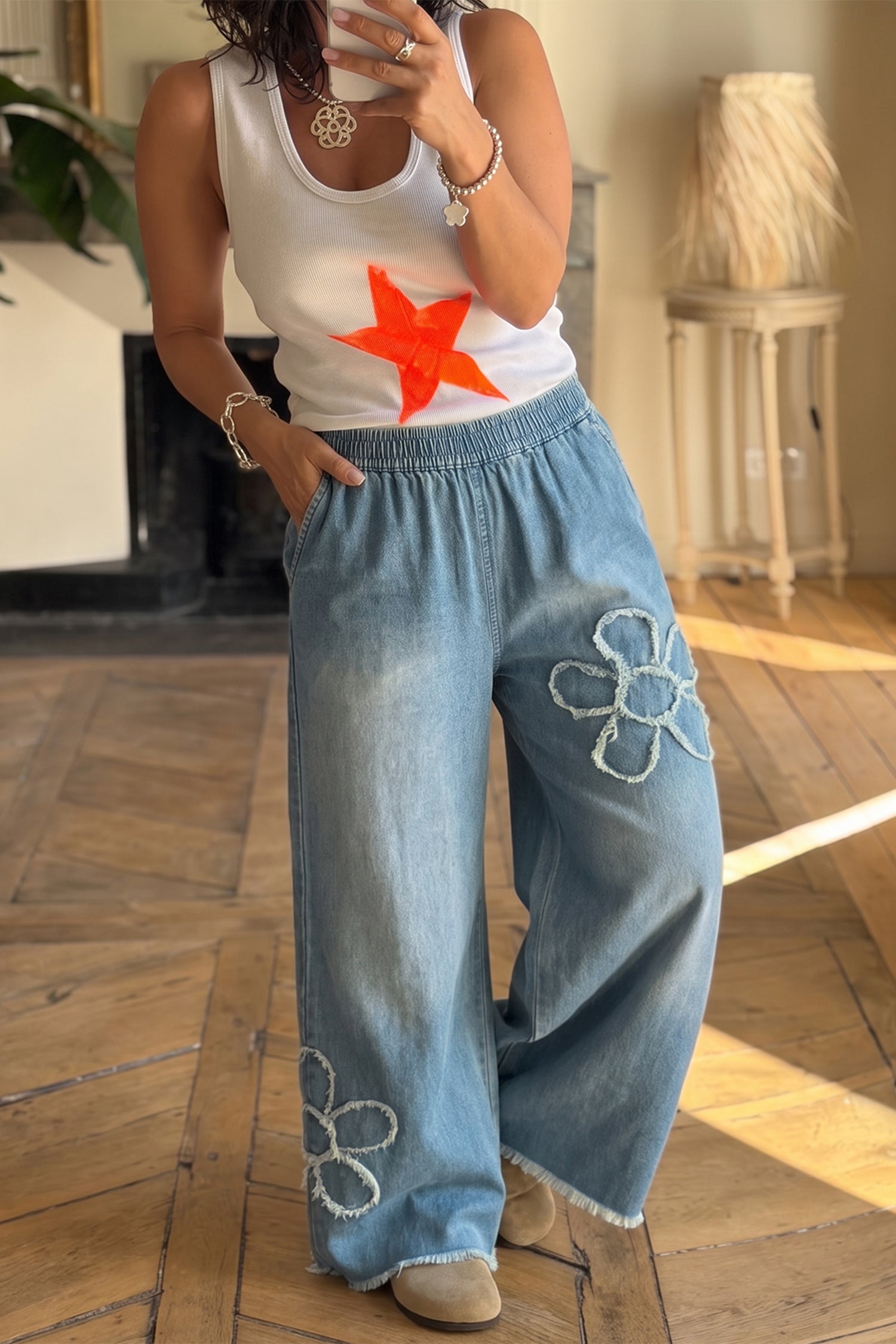 Beau Blue Frayed Floral Patch Wide Leg Raw Hem Wide Leg Jeans - Damesmode Afbeelding 5