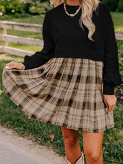 Black Plaid Patchwork High Waist Sweatshirt Mini Dress - Damesmode Afbeelding 1 - Miniatuur