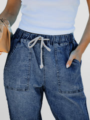 Jogger en jean en denim usé à poches bleu foncé - Miniatuur
