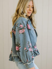 Sky Blue Floral Print Raw Seam Ruffle Hem Denim Jacket - Miniatuur