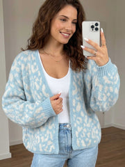 Cardigan a maglia a maglia a maniche lunghe con stampa leopardo azzurro chiaro, scollo a V - Miniatuur