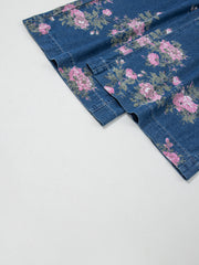 Blue Retro Floral Print Tie Elastic Waist Button Pintuck Wide Leg Jeans - Women's Fashion Image 7 - Miniatuur