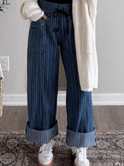 Jeans larghi a stringa blu a striscie blu con tasche larghe - Moda femminile immagine 5 - Miniatuur
