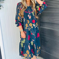 Blue Floral Print Gathered Neckline 7/8 Sleeve Casual Midi Dress - Damesmode Afbeelding 5 - Foto 5