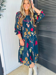 Blue Floral Print Gathered Neckline 7/8 Sleeve Casual Midi Dress - Damesmode Afbeelding 5 - Miniatuur