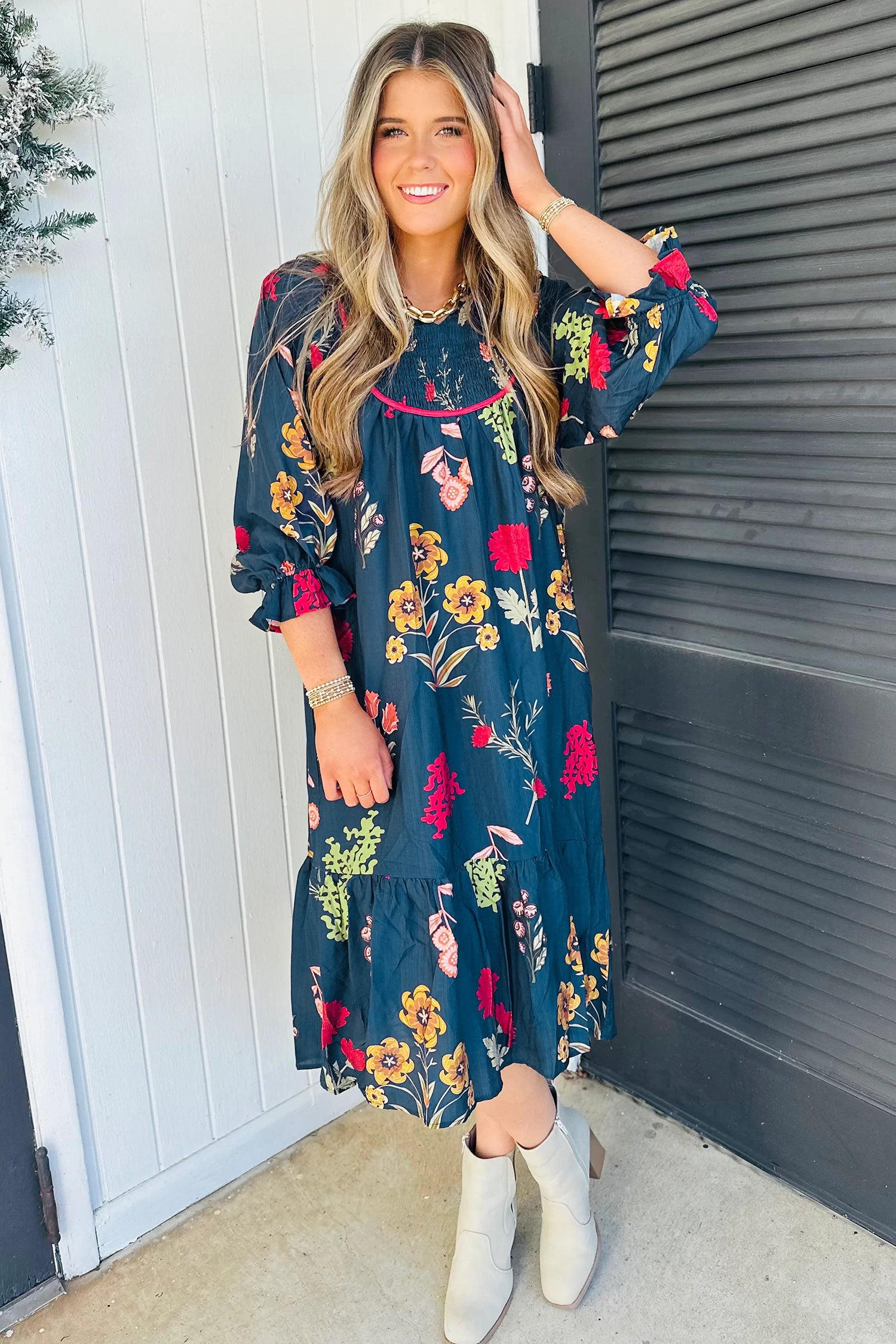Blue Floral Print Gathered Neckline 7/8 Sleeve Casual Midi Dress - Damesmode Afbeelding 5
