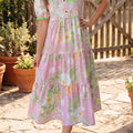 Rosa Blummenprint kuerz Puff-Ärmel héich Taille gestufte Maxi-Kleed - Foto 1