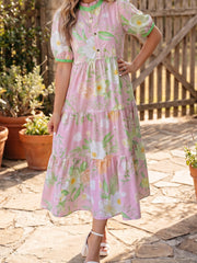 Pink Floral Print Short Puff Sleeve High Waist Tiered Maxi Dress - Miniatuur