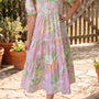 Pink Floral Print Short Puff Sleeve High Waist Tiered Maxi Dress