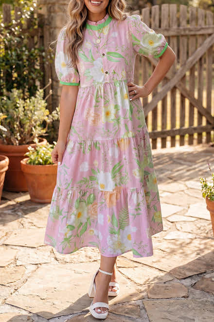 Pink Floral Print Short Puff Sleeve High Waist Tiered Maxi Dress