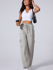 Light Grey Multi Pockets Lace-up High Waist Wide Leg Workout Pants - Miniatuur