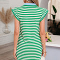 Green Stripe Print Contrast Collar Split Neck Flutter Sleeve Short Dress - Foto 2
