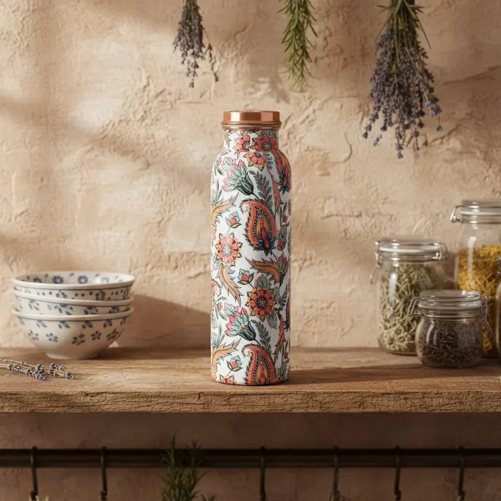 Koperen drinkfles 950 ml met paisley-bloemenprint en koperen dop