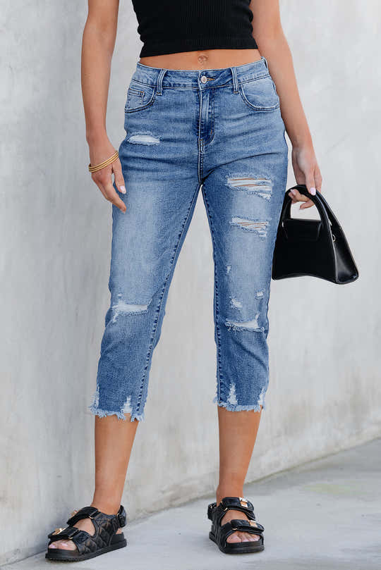 Jeans Capri Skinny Skinny Usé Bleu Ciel