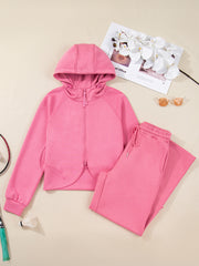Rosa einfarbiger Hoodie-Hoodie mit Kordelzug und lockerer Hose - Miniatuur