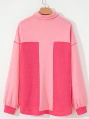 Peach Blossom Two Tone Contrast Waffle Knit Buttoned Loose Shacket - Miniatuur