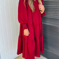 Rennrotes Einfarbiges Rüschen-Outfit Langärmeliges gestuftes Shift-Midi-Kleid - Foto 3