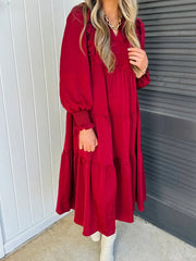 Racing Red Solid Color Ruffle Trim Long Sleeve Tiered Shift Midi Dress - Miniatuur